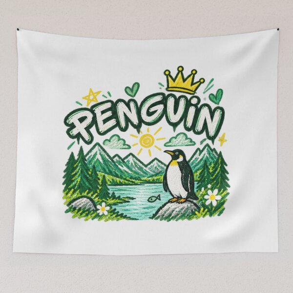 Item preview, Penguin King Mountain Landscape Cottagecore Chalk Drawing designed and sold by NeO² Studio.