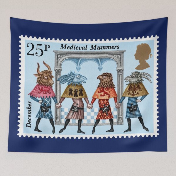 Item preview, British vintage stamp Medieval Mummers and Folklore Illustration designed and sold by Schulz Lightprint Studio.