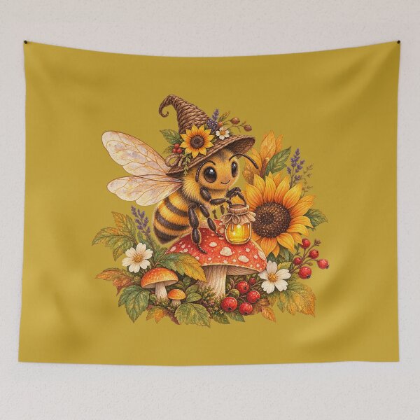 Item preview, Cottagecore Witch Hat Honeybee Watercolor Art – Whimsical Halloween Garden Print designed and sold by MagicMakerPh.