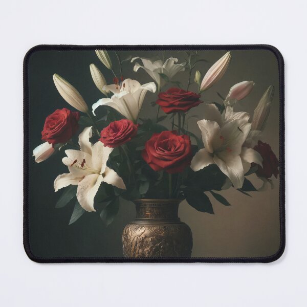 Item preview, Red Roses and White Lilies in Antique Vase, Moody Vintage Floral Still Life designed and sold by NarjaShop.