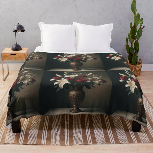 Item preview, Red Roses and White Lilies in Antique Vase, Moody Vintage Floral Still Life designed and sold by NarjaShop.