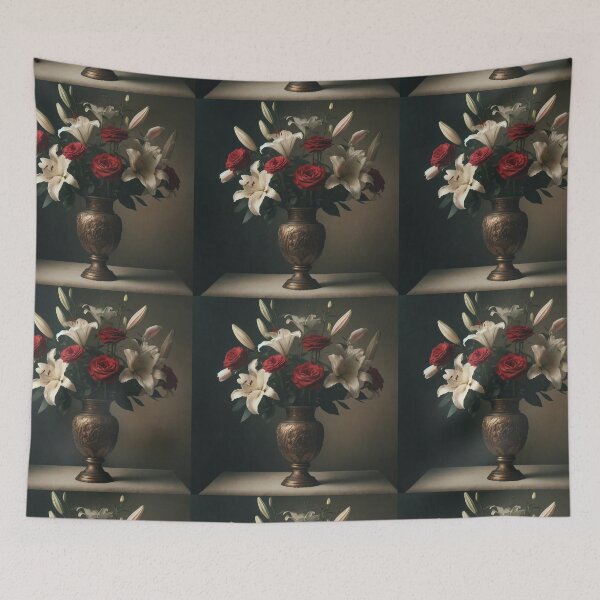 Item preview, Red Roses and White Lilies in Antique Vase, Moody Vintage Floral Still Life designed and sold by NarjaShop.