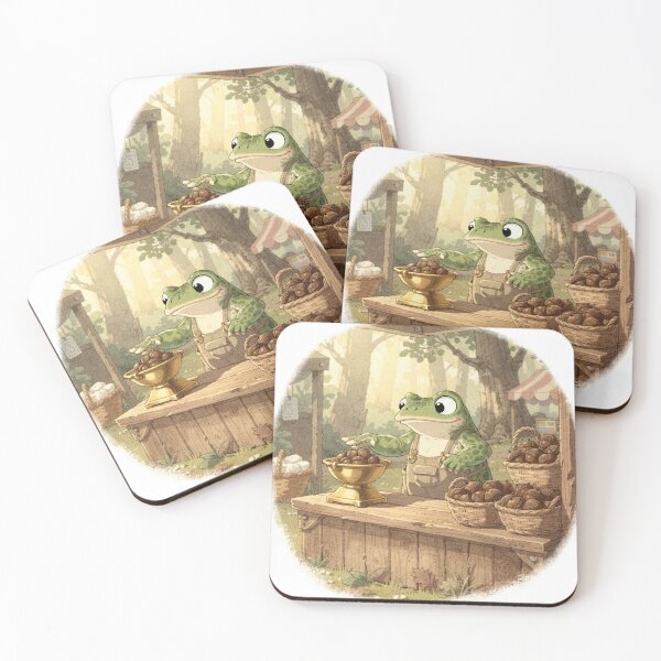 Item preview, Toad Shopkeeper Weighing Acorns at a Market Stall Cottagecore Art designed and sold by PictorialWhimsy.