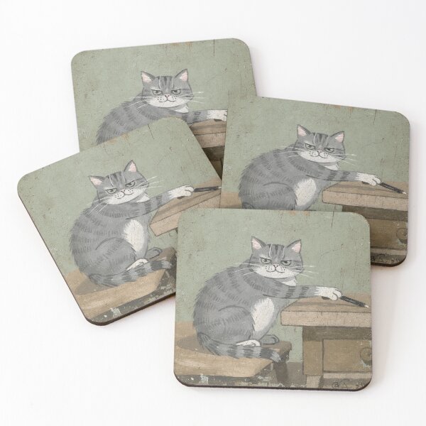 Item preview, Grey Cat Knocking a Pen Off the Desk Folk Art designed and sold by PictorialWhimsy.