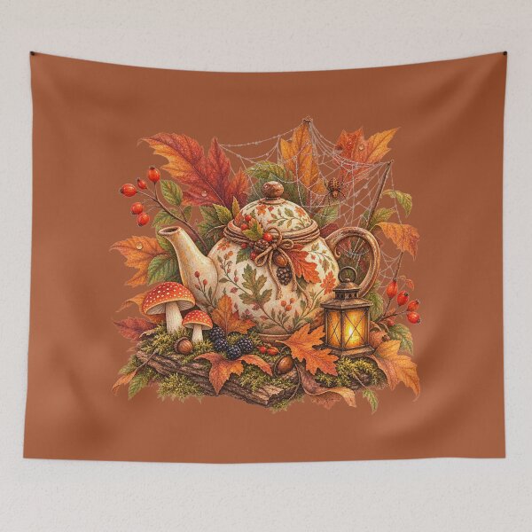 Item preview, Cottagecore Autumn Leaves Teapot Watercolor Art – Cozy Halloween Kitchen Print designed and sold by MagicMakerPh.