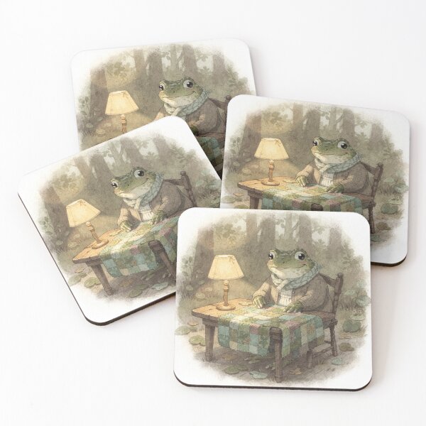 Item preview, Toad Quilter Stitching a Lily-Pad Quilt Cottagecore Art designed and sold by PictorialWhimsy.