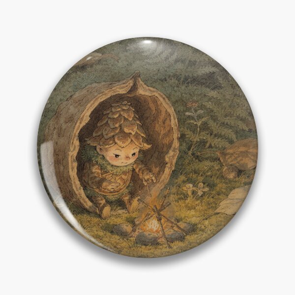 Item preview, Pinecone Sprite Building a Tiny Twig Fire at Dusk Storybook Art designed and sold by PictorialWhimsy.