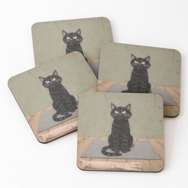 Item preview, Black Cat Sitting on the Yoga Mat Mid-Stretch Folk Art designed and sold by PictorialWhimsy.