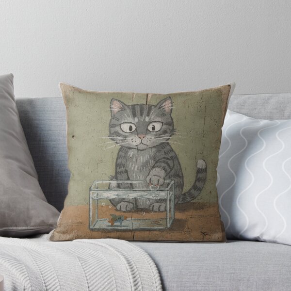 Item preview, Grey Cat Plotting Over the Fish Tank Folk Art designed and sold by PictorialWhimsy.
