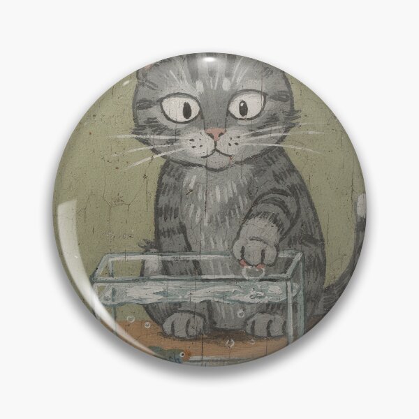 Item preview, Grey Cat Plotting Over the Fish Tank Folk Art designed and sold by PictorialWhimsy.