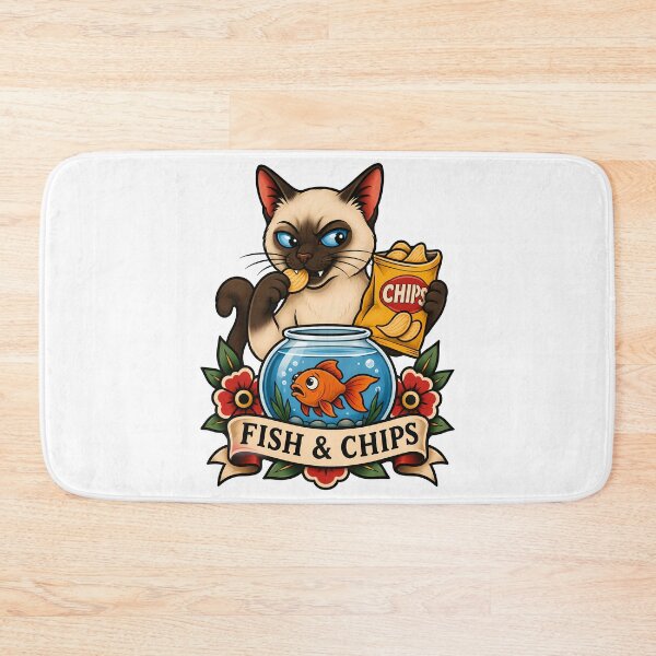 Item preview, Funny Siamese Fish and Chips Cat Tattoo Art designed and sold by Old's Cool Cat Studio.
