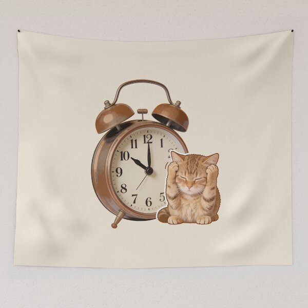 Item preview, Sleepy Cat and Vintage Alarm Clock Morning Wake Up designed and sold by OksArtStudio.