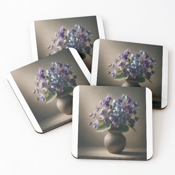 Item preview, Purple and Blue Violets in Rustic Vase, Moody Botanical Still Life  Main tag: designed and sold by NarjaShop.