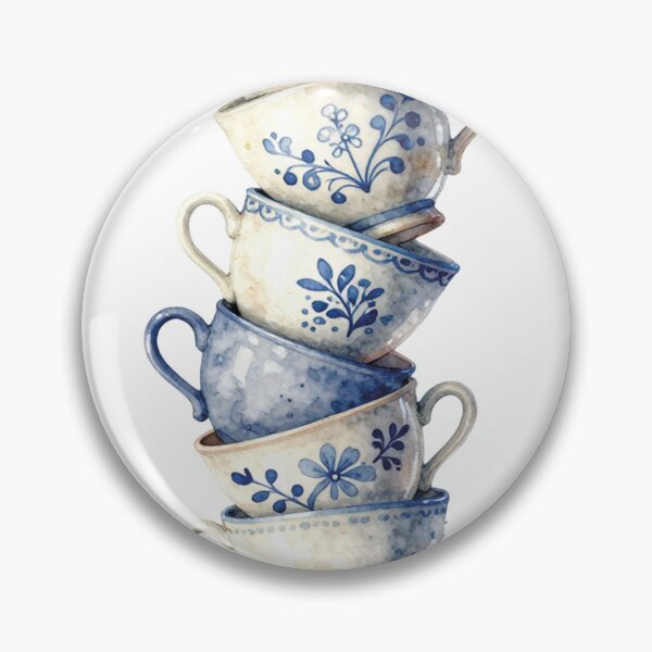 Item preview, Stacked Blue and White Teacups Watercolor Vintage Floral Art designed and sold by WildArtIT.