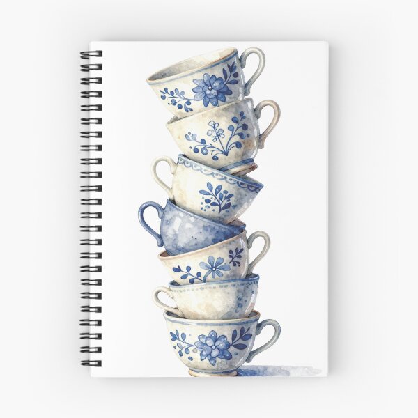 Item preview, Stacked Blue and White Teacups Watercolor Vintage Floral Art designed and sold by WildArtIT.