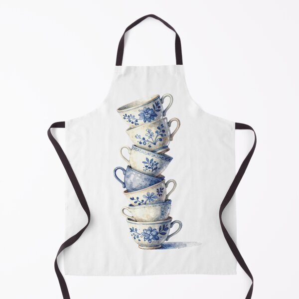 Item preview, Stacked Blue and White Teacups Watercolor Vintage Floral Art designed and sold by WildArtIT.
