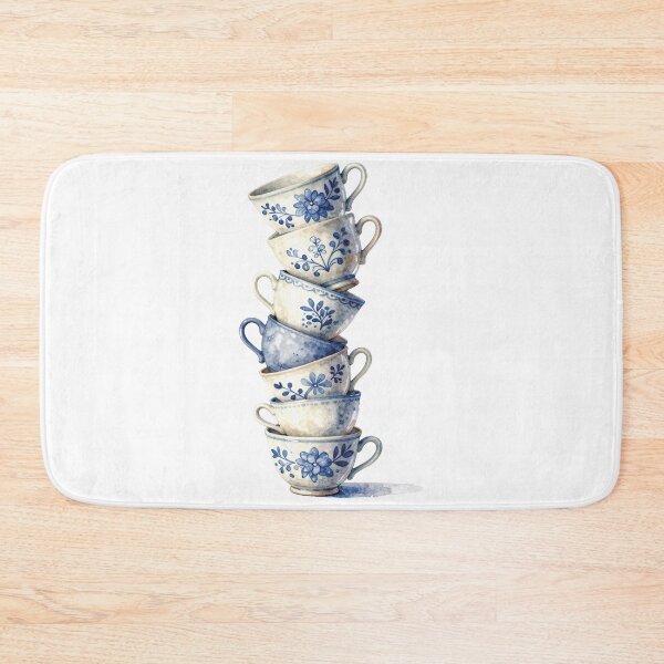 Item preview, Stacked Blue and White Teacups Watercolor Vintage Floral Art designed and sold by WildArtIT.