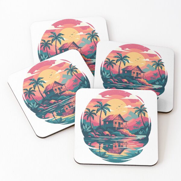 Item preview, Tropical Beach House Sunset Retro Palm Trees Ocean Art designed and sold by GlowAura7.