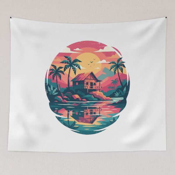 Item preview, Tropical Beach House Sunset Retro Palm Trees Ocean Art designed and sold by GlowAura7.