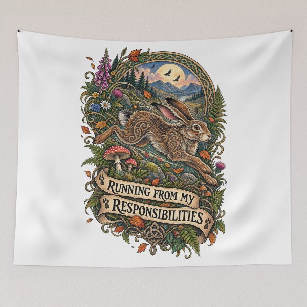 Item preview, Running From My Responsibilities – Celtic Woodland Hare designed and sold by thewandswant.