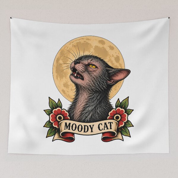 Item preview, Moody Cat Black Cat Full Moon Tattoo designed and sold by Old's Cool Cat Studio.