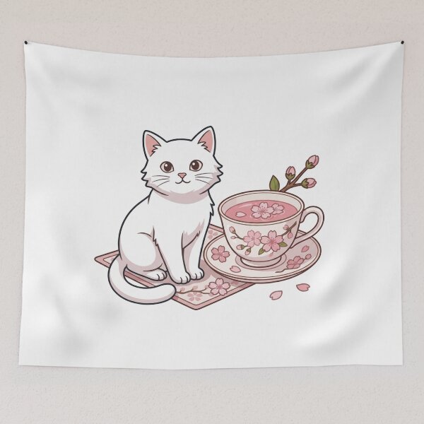 Item preview, Cute Cat with Sakura Cherry Blossom Tea Cup - Japanese Kawaii Tea Time designed and sold by PetalsPaws.