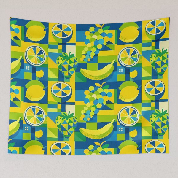 Item preview, Geometric Cubism Fruit Mosaic - Blue Yellow Lemon Banana designed and sold by Ela Art Space .