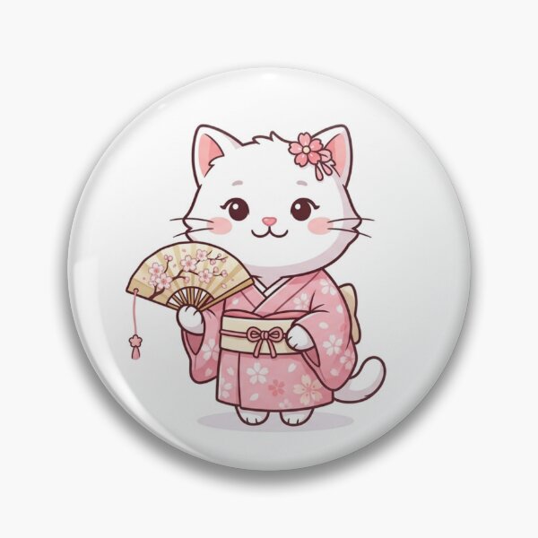 Item preview, Cute Cat in Pink Kimono with Sakura Folding Fan - Japanese Kimono Art designed and sold by PetalsPaws.