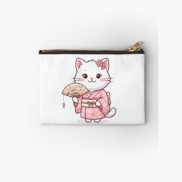 Item preview, Cute Cat in Pink Kimono with Sakura Folding Fan - Japanese Kimono Art designed and sold by PetalsPaws.