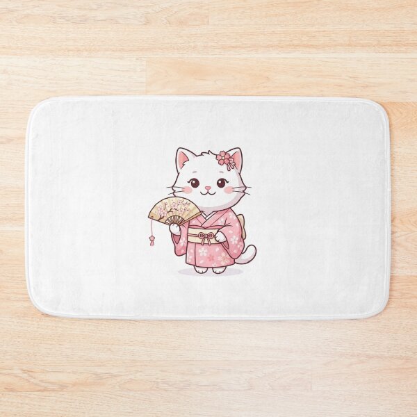 Item preview, Cute Cat in Pink Kimono with Sakura Folding Fan - Japanese Kimono Art designed and sold by PetalsPaws.