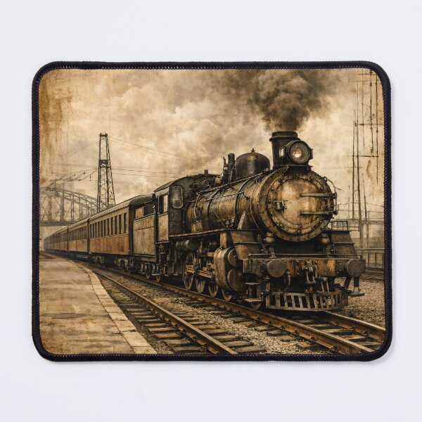 Item preview, Vintage Steam Train at Old Railway Station – Antique Locomotive Travel Art Print designed and sold by Kaleidoscope Print.