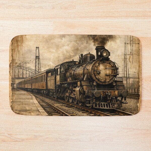 Item preview, Vintage Steam Train at Old Railway Station – Antique Locomotive Travel Art Print designed and sold by Kaleidoscope Print.