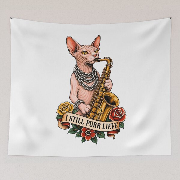 Item preview, Sphynx Cat Saxophone I Still Purr-Lieve Tattoo designed and sold by Old's Cool Cat Studio.