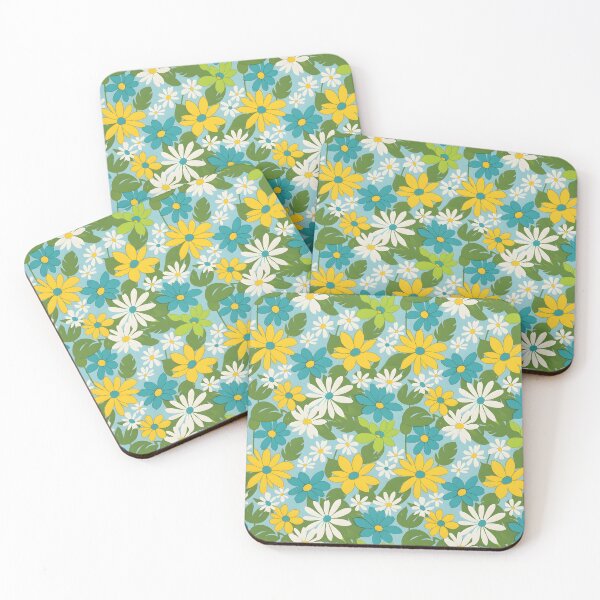 Item preview, 60s Hawaiian Daisy Floral - Retro Blue Yellow White Pattern designed and sold by Ela Art Space .