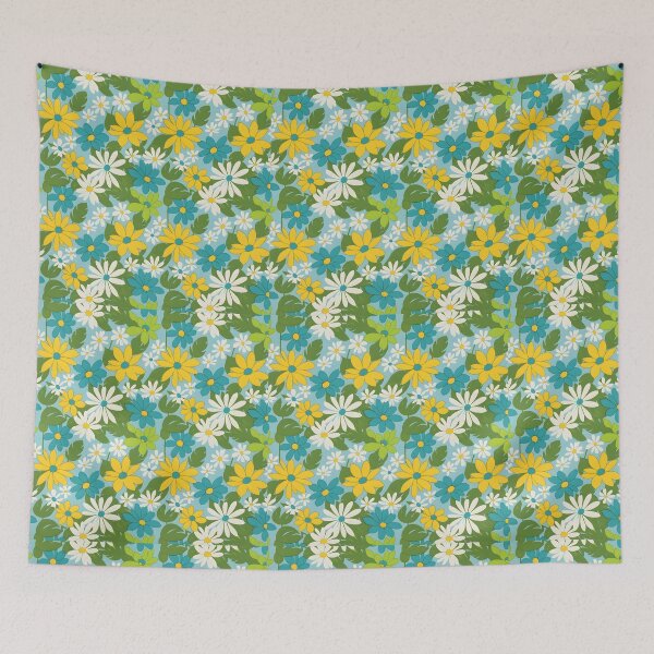 Item preview, 60s Hawaiian Daisy Floral - Retro Blue Yellow White Pattern designed and sold by Ela Art Space .
