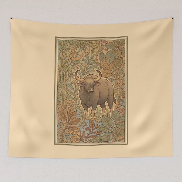 Item preview, Wild Gaur Bull Art Nouveau Vintage Botanical Wildlife Print designed and sold by FreiherrPK.