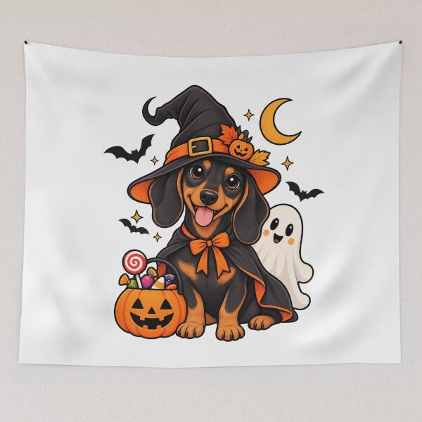 Item preview, Cute Halloween Dachshund Witch with Ghost and Pumpkin designed and sold by afr-saad.