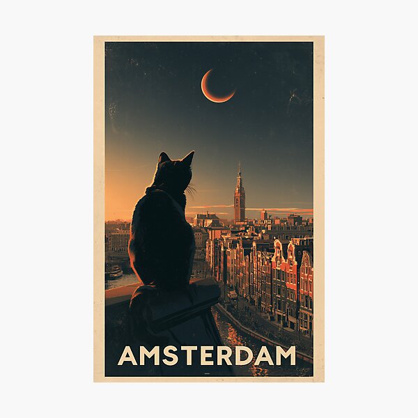 Item preview, Retro Amsterdam Black Cat Travel Poster Vintage Netherlands Canal Art designed and sold by ROD.