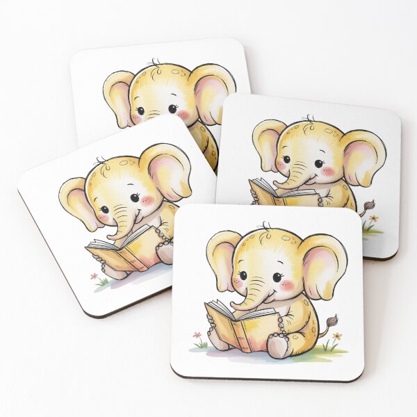Item preview, Cute baby elephant in soft butter yellow, sitting and reading an open book designed and sold by 123ks.