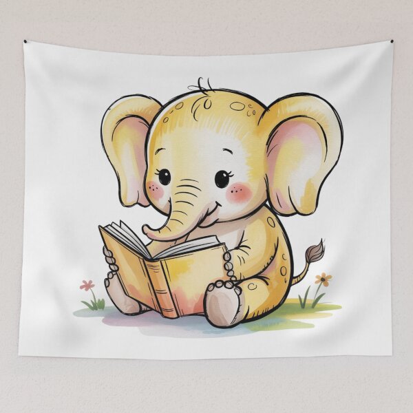 Item preview, Cute baby elephant in soft butter yellow, sitting and reading an open book designed and sold by 123ks.