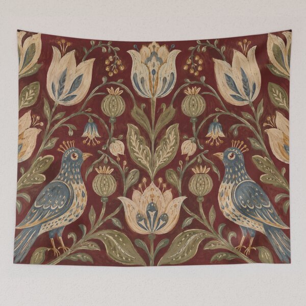 Item preview, Oxblood Folk Garden with Dusty Blue Birds designed and sold by Planthem.