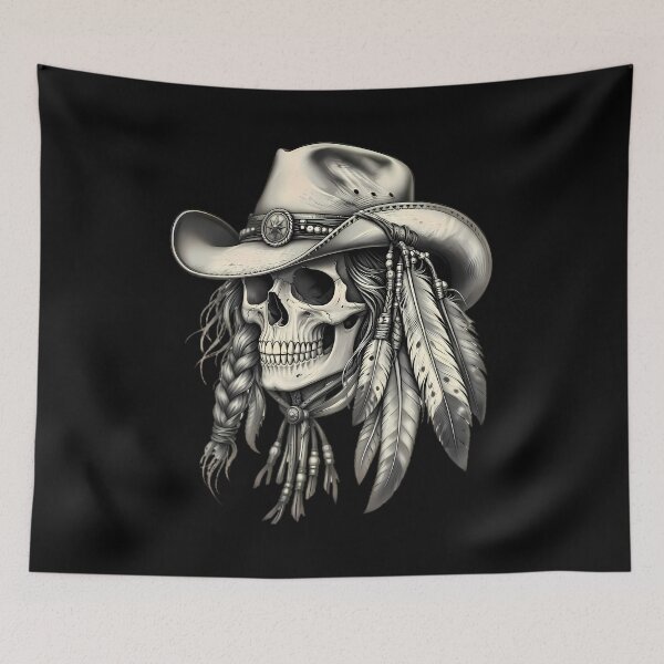 Item preview, Cowboy Skull With Tribal Feathers Hair designed and sold by Linework Studio.