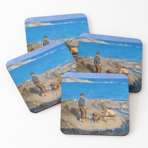 Item preview, Boys on a Skerry rocky coastline nautical maritime ocean blue seascape painting print by Venny Soldan-Brofeldt  designed and sold by Jéanpaul  Ferro.