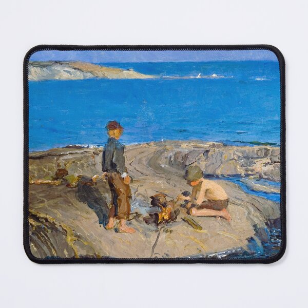 Item preview, Boys on a Skerry rocky coastline nautical maritime ocean blue seascape painting print by Venny Soldan-Brofeldt designed and sold by Jéanpaul Ferro.