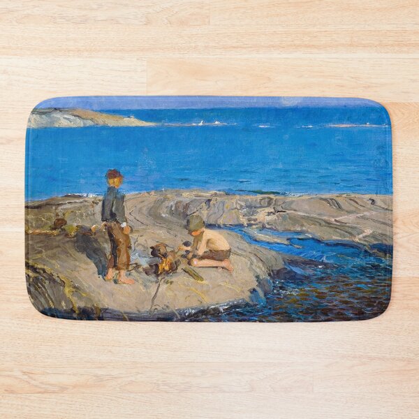 Item preview, Boys on a Skerry rocky coastline nautical maritime ocean blue seascape painting print by Venny Soldan-Brofeldt  designed and sold by Jéanpaul  Ferro.