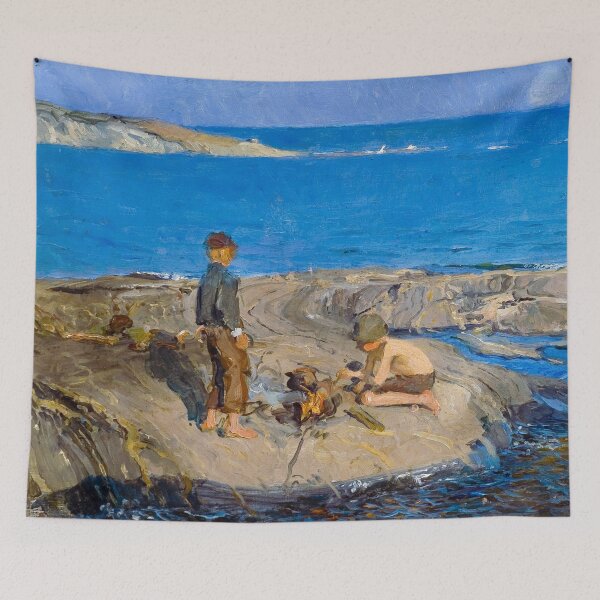 Item preview, Boys on a Skerry rocky coastline nautical maritime ocean blue seascape painting print by Venny Soldan-Brofeldt  designed and sold by Jéanpaul  Ferro.