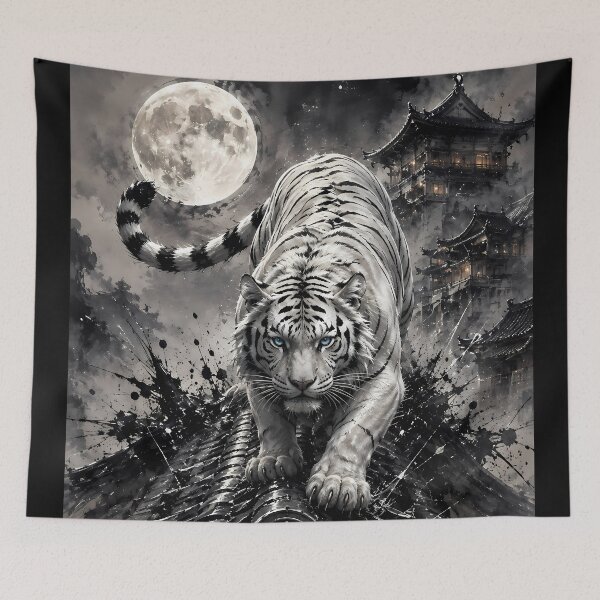 Item preview, White Tiger Under the Full Moon – Chinese Ink Art designed and sold by ManJiangHong.
