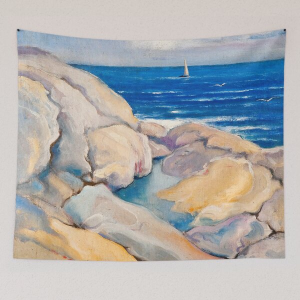 Item preview, Rocks on the the coast nautical maritime ocean blue seascape painting on canvas art print by Venny Soldan-Brofeldt designed and sold by Jéanpaul  Ferro.