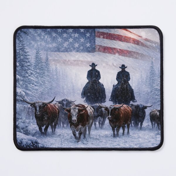 Item preview, Cowboys Herding Cattle in Snow Winter Christmas Holiday Patriotic designed and sold by Stephanie Laird.
