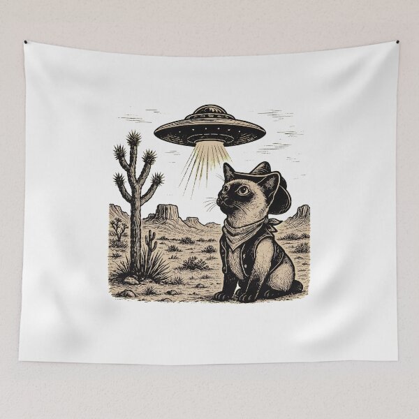 Item preview, Cowboy Cat Abducted by UFO Desert Vintage Art designed and sold by OlyvieArt.
